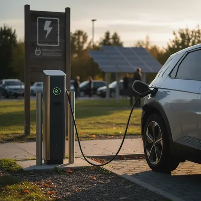 Electric vehicle plugged into a commercial charging station during an active session.